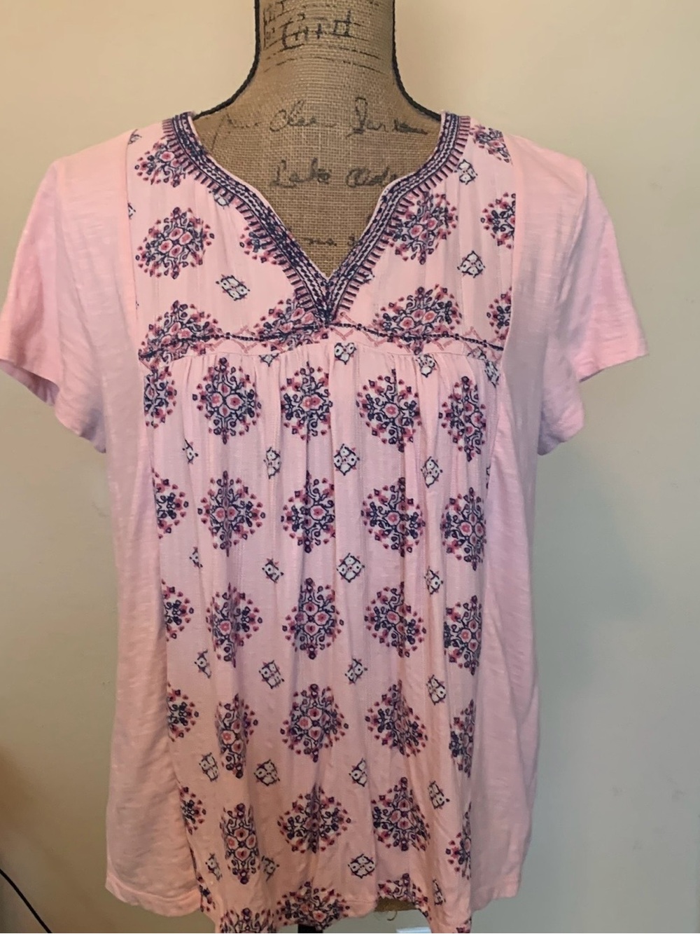 Women's Pink Short-Sleeve Printed Peasant Top